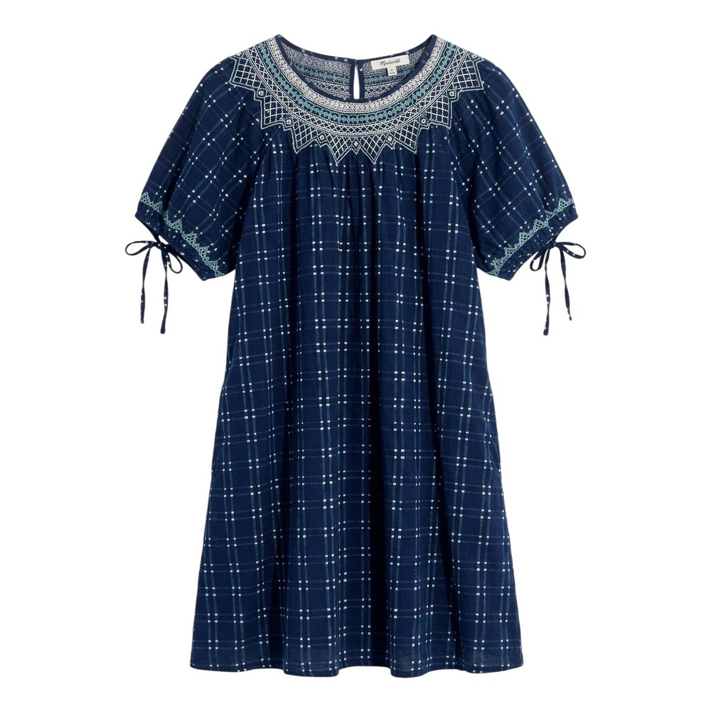 Madewell Embroidered Yoke Dress Women Large Blue Grid Smocked Puff Sleeve Cotton